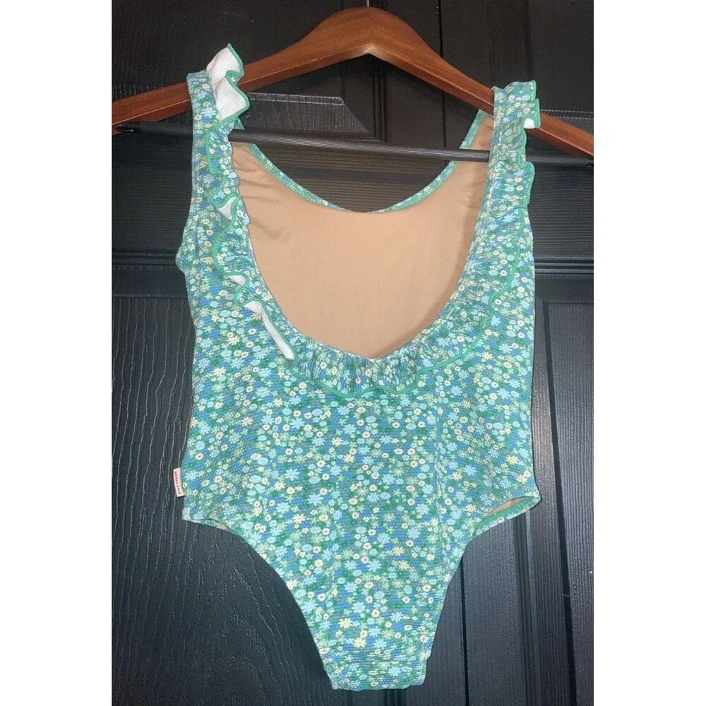 Tiny Cottons Green Ditsy Floral Ruffle One Piece Swimsuit Girls 10Y 140/64